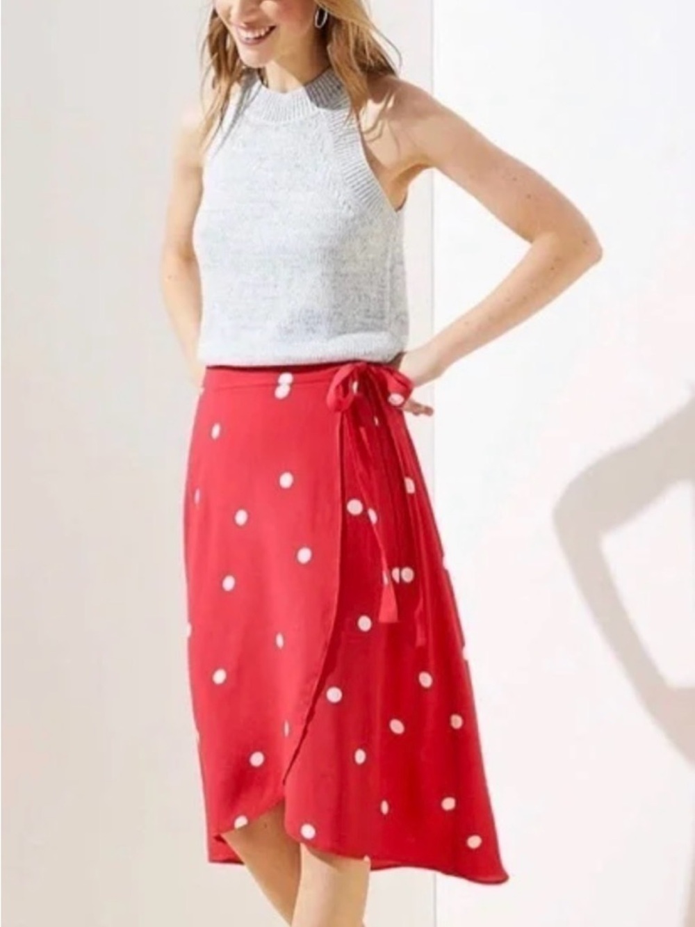 LOFT Red Polka Dot Wrap Midi Skirt